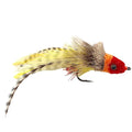 Swimming Baitfish #1/0 fishing lure with a red and orange head, realistic black eyes, and a yellow and spotted feathered body designed for effective fishing tackle use.
