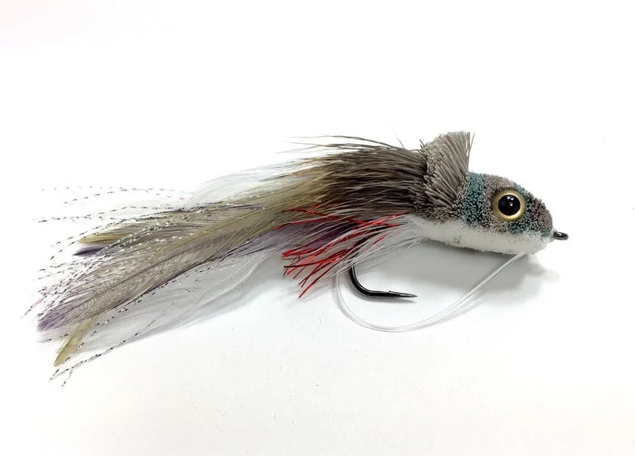 Detailed close-up of a realistic fishing lure designed to imitate baitfish, featuring a lifelike head, soft feather tail, and a hook, labeled Swimming Baitfish #1/0 for musky fishing.