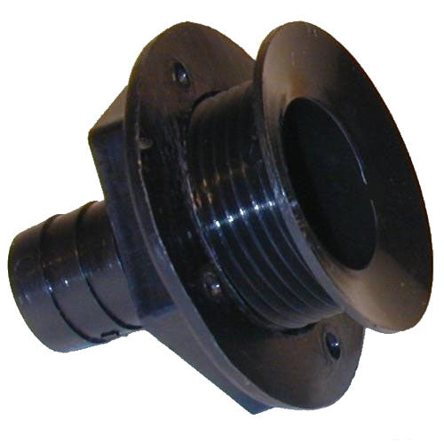 Black plastic drain fitting with threaded flange and barbed hose connector designed for marine applications, known as T-H Marine All Purpose Drain.
