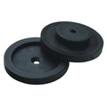 Two black rubber marine coaster bumpers with central holes, designed to protect boat surfaces, shown side by side, representing the T-H Marine Bounce Buster Coaster.