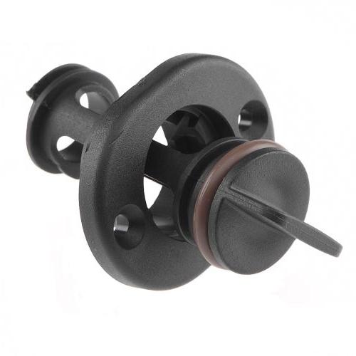 T-H Marine Drain Plug in black plastic with a round flange, threaded body, and rubber gasket designed for secure water drainage in boats or marine equipment.