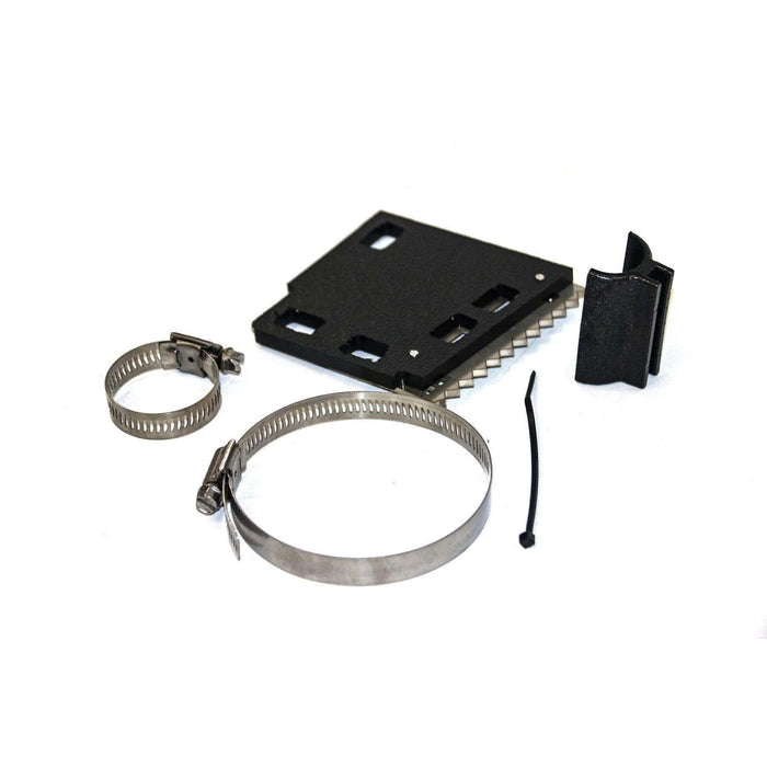 T-H Marine G-Force Grass Goat Trolling Motor Weed Guard includes metal hose clamps, a black plastic mounting bracket, and a small zip tie, designed for fishing tackle and marine electronics installation.