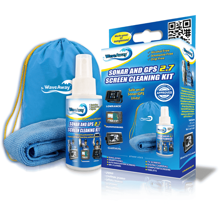 T-H Marine Wave Away Screen Cleaner kit includes a spray bottle, microfiber cloth, and carrying pouch, designed for cleaning sonar, GPS, and electronic screens safely without alcohol or ammonia.