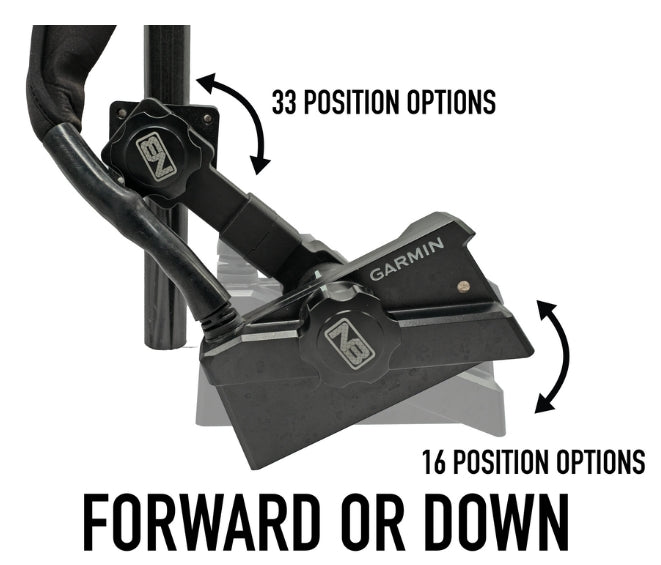 The Net Buddy Dual Mount(Forward & Perspective) for Garmin Livescope LVS34 Plus in black, showing adjustable mounting positions with labeled 33 and 16 position options for forward or downward angles.