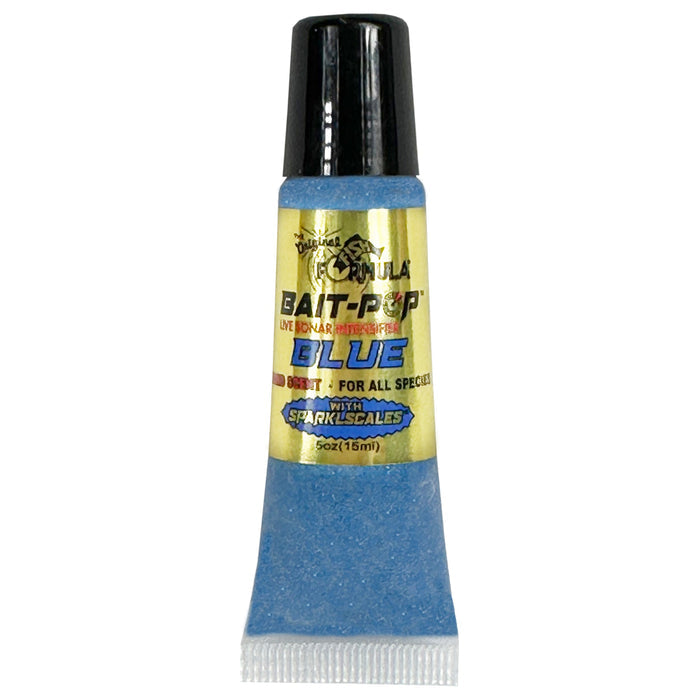 The Original Fish Formula Bait Pop Fish Attractant in a small blue tube with a black cap, designed to enhance fishing tackle effectiveness with sparkly scales for all fish species.