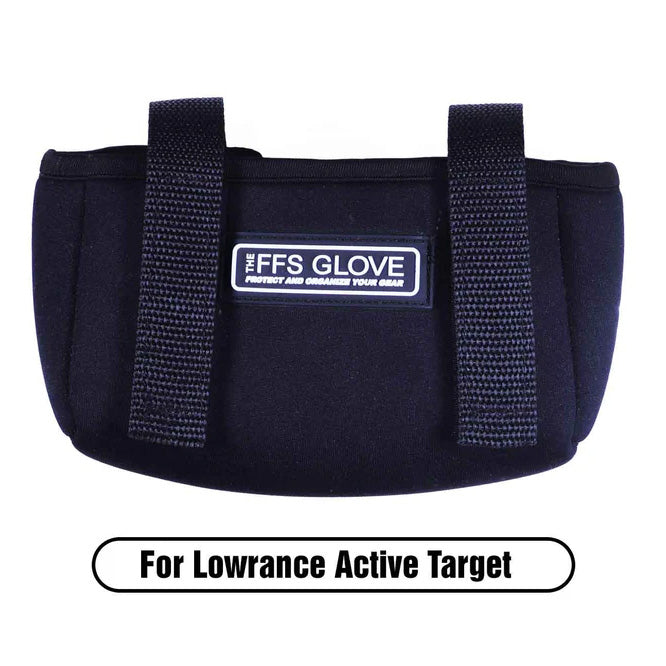 Black Rod Glove Forward Facing Sonar Glove with two durable straps and a label, designed to protect and organize fishing tackle gear for Lowrance Active Target sonar devices.