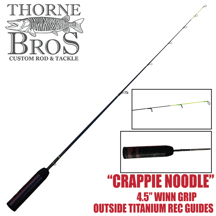 Thorne Bros Custom Ice Rod - MJO Series "Crappie Noodle" features a slim black design with a 4.5-inch Winn grip and lightweight titanium guides, ideal for ice fishing.