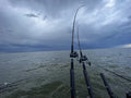 Two Thorne Bros F90M-BK-Trolling Blank fishing rods with reels set up on a boat over choppy water under a cloudy sky, ideal for trolling fishing.