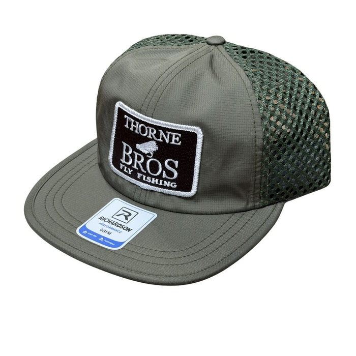 Thorne Bros Fly Fishing Logo Richardson 935 Olive cap featuring an olive green front panel with embroidered logo and mesh back for breathability, designed for outdoor fishing enthusiasts.
