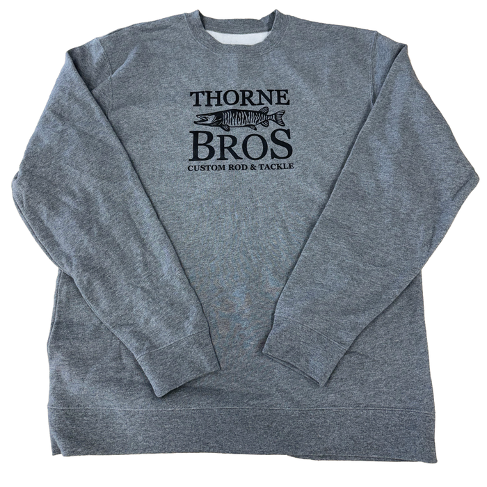 Gray crewneck sweatshirt featuring a black Thorne Bros Logo with a fish graphic and the text "Custom Rod & Tackle" on the front, comfortable and casual fishing apparel.