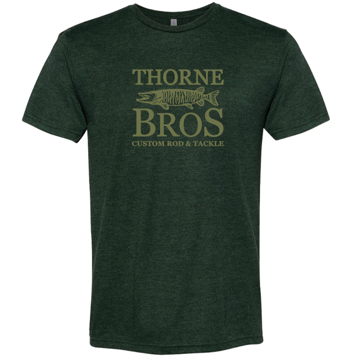 Thorne Bros. Logo T-Shirt in dark green with a printed design featuring a fish illustration and the text "THORNE BROS CUSTOM ROD & TACKLE" on the front.