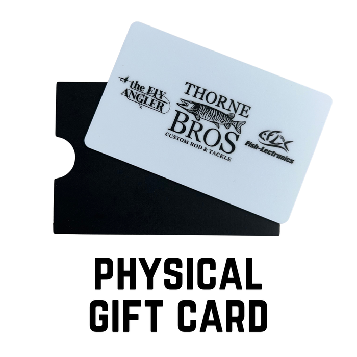 Thorne Bros Physical Gift Card featuring a white card with company logos including The Fix Angler and Fish Lectronics, resting on a black card holder.