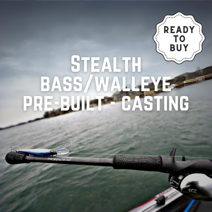 Thorne Bros Stealth Bass/Walleye "Jerkbait" Rods - Casting shown in use over a lake, featuring a sleek black fishing rod and reel designed for bass and walleye fishing.