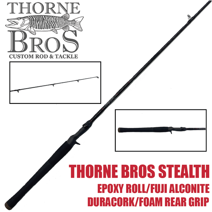 Thorne Bros Stealth Bass/Walleye "Jerkbait" Rods - Casting showing a black fishing rod with epoxy roll finish, Fuji Alconite guides, and a Duracork foam rear grip designed for bass and walleye fishing.