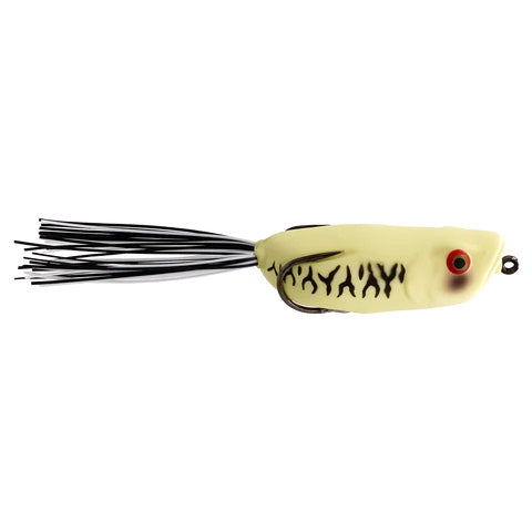 Toad Thumper Swamper Walkin' Frog fishing lure in pale yellow with black markings and red eyes, designed for musky and freshwater fishing tackle.