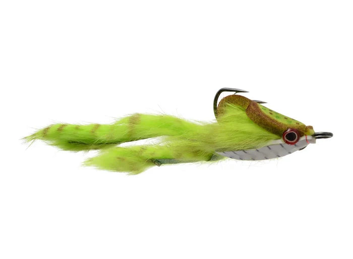 Toadally Amphibious 4/0 fishing lure designed with green and brown fuzzy material, lifelike eyes, and double hooks for effective musky fishing tackle.