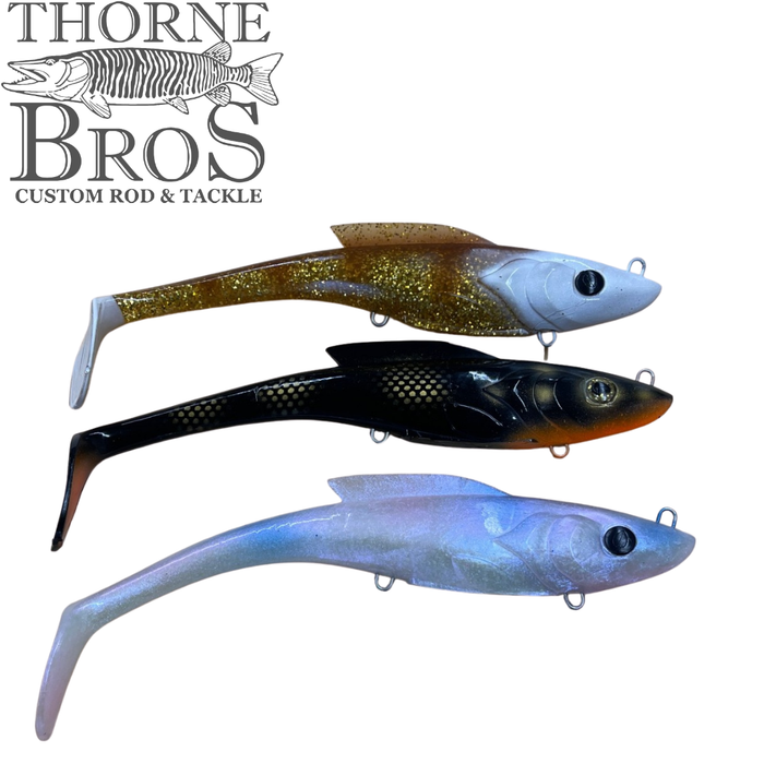 Toddy Tickle Baits Warhammer soft fishing lure set with three realistic fish shaped musky fishing lures in brown gold black and blue from Thorne Bros