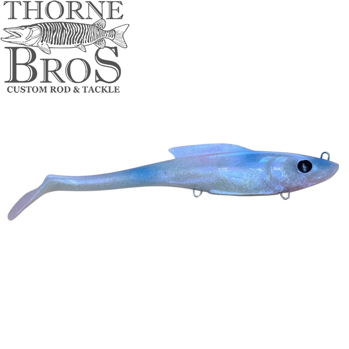 Toddy Tickle Baits Warhammer blue fish shaped fishing lure with lifelike details and hook hangers for musky fishing tackle from Thorne Bros