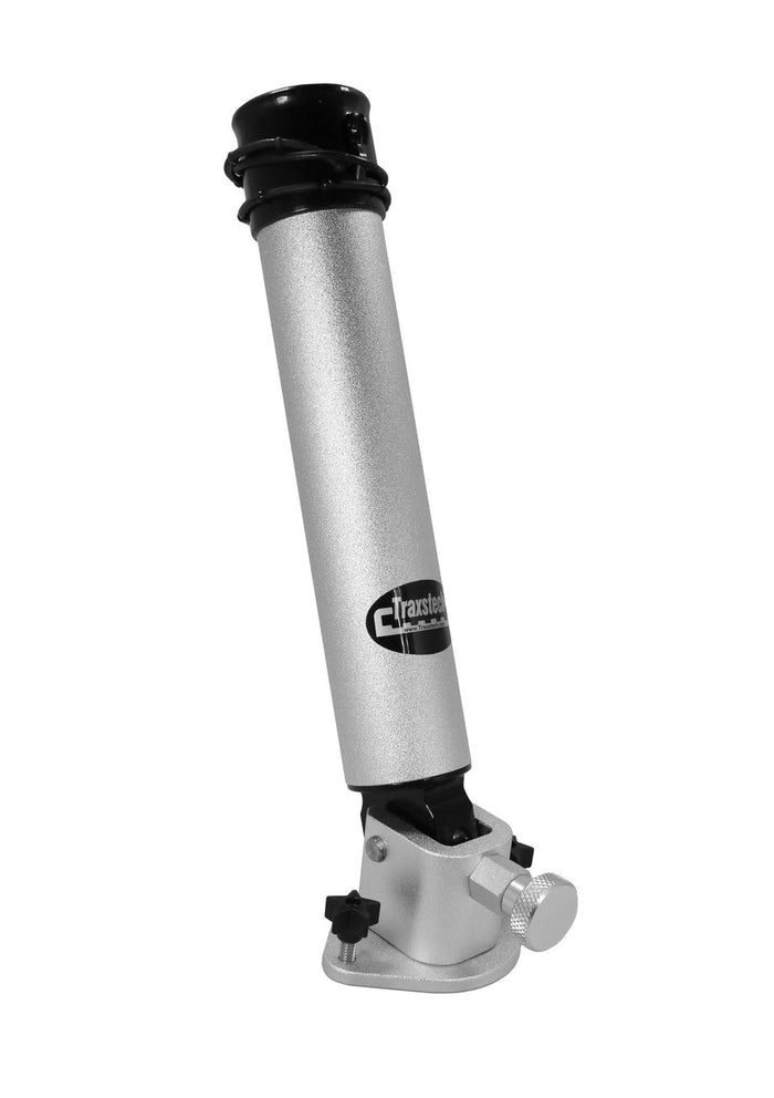 Traxstech Adjustable Rod Holder - RRH-230 in silver metal with black top cap, mounted on an adjustable base with knobs for angle and positioning, used for securing fishing rods.
