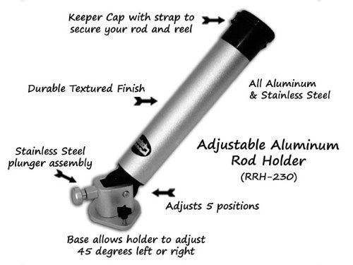 Traxstech Adjustable Rod Holder - RRH-230 is an aluminum and stainless steel fishing rod holder with durable textured finish, adjustable base moving 45 degrees, and five position settings.