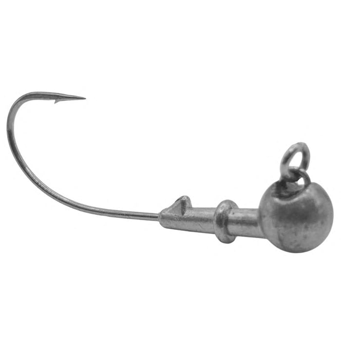 Treeshaker Tackle Company Austin Felix Big Dream Stroller Jighead, close-up of metallic fishing jighead with round weighted head and sharp curved hook for fishing tackle use.