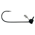 Treeshaker Tackle Company Beast Shakey Head fishing lure with a black curved hook, weighted head, and spiral weed guard designed for freshwater fishing tackle.