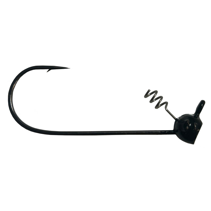 Treeshaker Tackle Company Beast Shakey Head fishing lure with a black curved hook, weighted head, and spiral weed guard designed for freshwater fishing tackle.