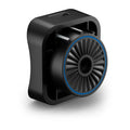 Black and gray compact mounting device with a circular fan-like design and blue trim, designed as the Trolling Motor Barrel Mount for the LiveScope™ 2 Transducer Series.