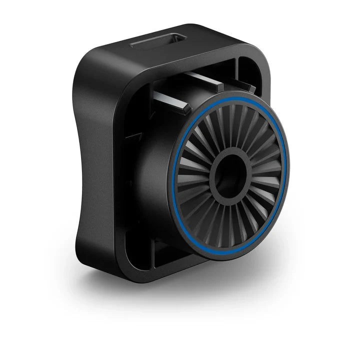 Black and gray compact mounting device with a circular fan-like design and blue trim, designed as the Trolling Motor Barrel Mount for the LiveScope™ 2 Transducer Series.