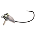 Close-up of a TTT β-MINNOW Frame fishing lure hook with a clear plastic guard, designed for musky and ice fishing tackle.