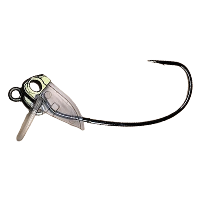 Close-up of a TTT β-MINNOW Frame fishing lure hook with a clear plastic guard, designed for musky and ice fishing tackle.