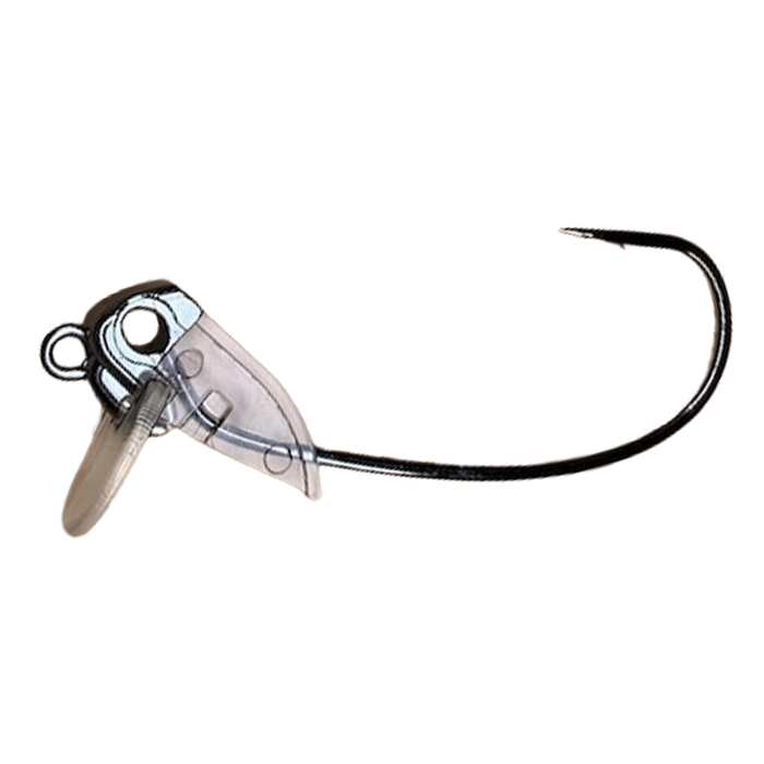 Close-up of a TTT β-MINNOW Frame fishing lure component featuring a sharp steel hook and transparent plastic body designed for precision fishing tackle use.