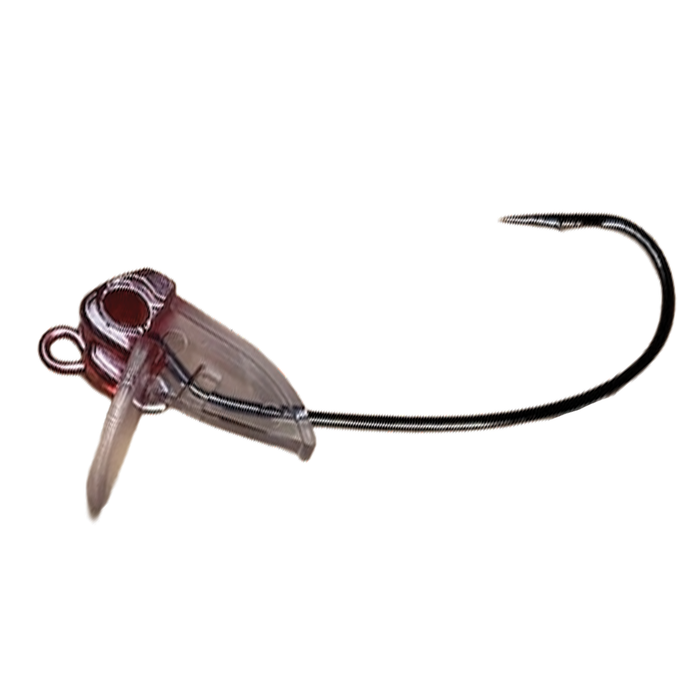 Close-up of a TTT β-MINNOW Frame fishing lure featuring a clear and red weighted head attached to a curved sharp hook, designed for precise musky fishing tackle.