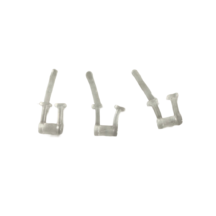 Three clear plastic joint connectors arranged side by side on a white background, shown as part of the TTT β-MINNOW Joint (3 Pack) fishing tackle accessory set.