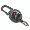 Black and gray Umpqua Carabiner Retractor featuring a red logo on a circular center, with a spring-loaded carabiner clip on one end and a metal keyring on the other for securing fishing tackle.