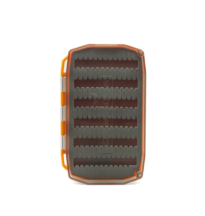 Umpqua Essential Foam Fly Box in bright orange with gray foam interior designed to securely hold fishing flies, ideal for organizing fishing tackle and gear.