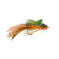 Umpqua Swimming Frog fishing lure designed to imitate a frog with detailed feather and synthetic materials in green, orange, and black colors for musky fishing.