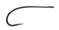 Close-up of a single black Umpqua Tiemco 201R fishing hook with a sharp point and small barb, designed for fly fishing and fishing tackle use.