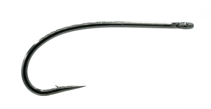 Close-up of a single black Umpqua Tiemco 201R fishing hook with a sharp point and small barb, designed for fly fishing and fishing tackle use.