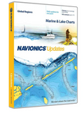 Packaging for the US and Canada Fresh and Salt Water Navionics Updates microSD/SD Card MSD/NAVU-NI featuring marine and lake charts, a boat, and a fisherman, highlighting daily updates and HD contour mapping.