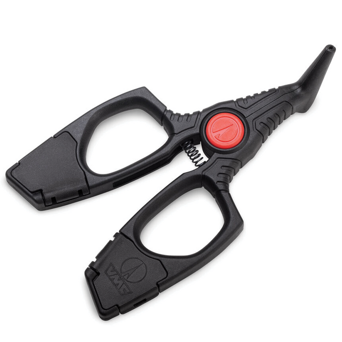 VMC Crossover Pliers with ergonomic black handles and a red pivot, designed for fishing tackle use, featuring a narrow tip for precision tasks and durable construction.