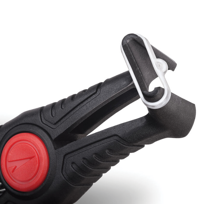 Close-up of VMC Crossover Pliers featuring textured black handles with a red circular accent and a metal hook remover at the tip, designed for fishing tackle use.