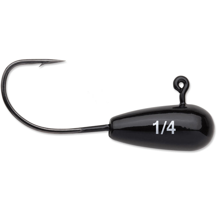 Close-up of a black VMC Finesse Tube Jig fishing lure with a single sharp hook and a 1/4 weight marking, designed for precision fishing tackle use.