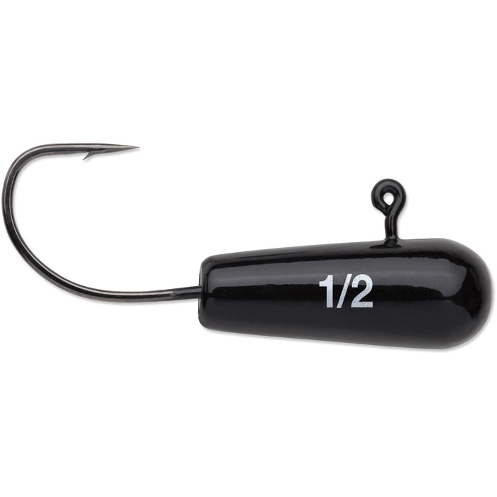 Black VMC Finesse Tube Jig with a sharp curved hook, featuring a glossy weighted head marked with "1/2" for fishing tackle use.