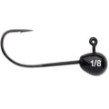 Close-up image of a black VMC Finesse Tube Jig fishing lure with a sharp hook, featuring a 1/8 size marking on the jig head, designed for precision fishing tackle.