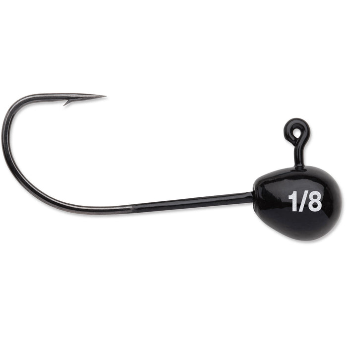 Close-up image of a black VMC Finesse Tube Jig fishing lure with a sharp hook, featuring a 1/8 size marking on the jig head, designed for precision fishing tackle.