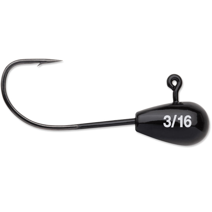 Close-up of a black 3/16-ounce VMC Finesse Tube Jig fishing lure with a sharp hook, designed for precision fishing tackle and effective bait presentation.