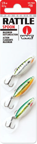 VMC Rattle Spoon - Kit featuring three fishing lures with vibrant green, yellow, and silver bodies designed for maximum rattling action to enhance fishing tackle effectiveness.