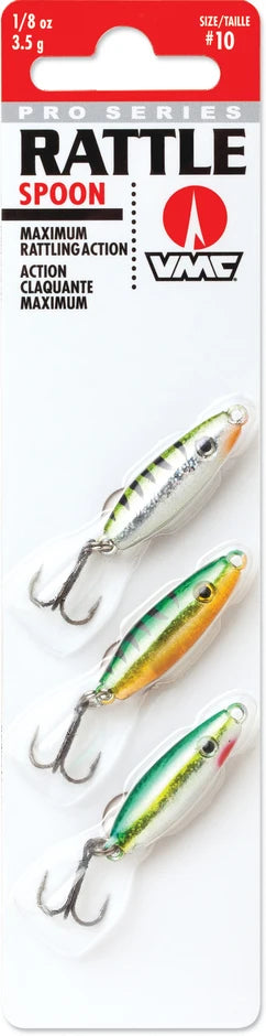 VMC Rattle Spoon - Kit featuring three fishing lures with vibrant green, yellow, and silver bodies designed for maximum rattling action to enhance fishing tackle effectiveness.