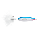 VMC Rattlin' Roach Spoon fishing lure with a metallic blue and silver body, red-tipped nose, and white feathered tail designed for attracting fish in various water conditions.